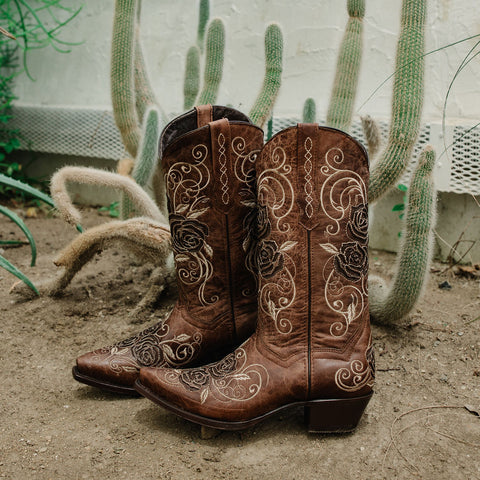 Tan Rose Inlayed Women's Cowgirl Boots (M50032) - Soto Boots