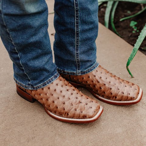 Soto Boots Men's Ostrich Print Square Toe Cowboy Boots H8001-Tan - Soto Boots