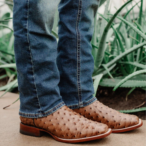 Soto Boots Men's Ostrich Print Square Toe Cowboy Boots H8001-Tan - Soto Boots