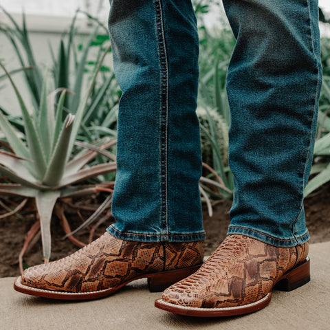 Soto Boots Men's Brown Python Print Square Toe Cowboy Boots H8004 - Soto Boots