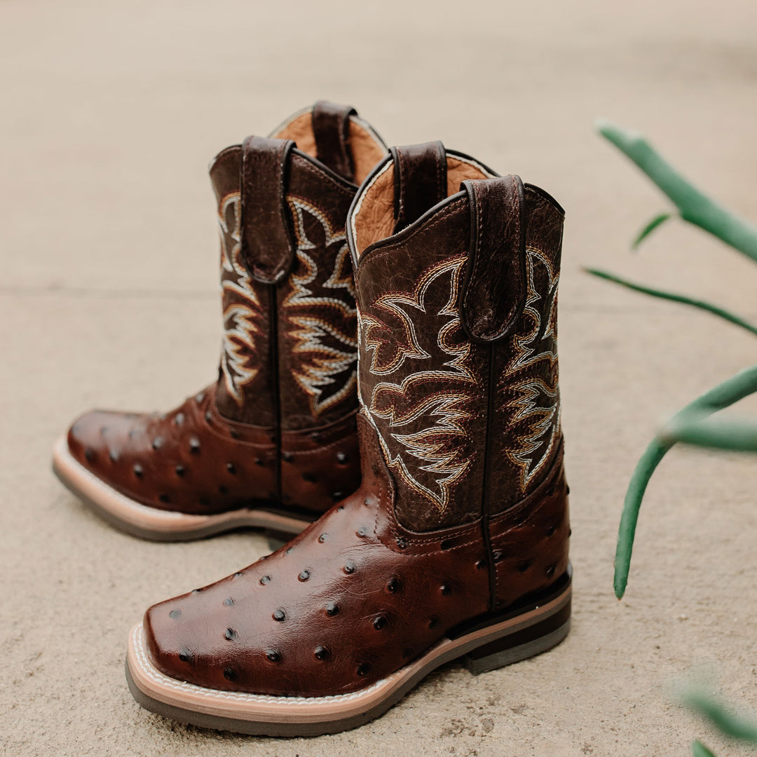 Kids Cowboy Boots Men's Brown Ostrich Print Cowboy Boots (H7002