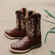 Soto Boots Kids Cognac Ostrich Print Cwoboy Boots K4006 - Soto Boots