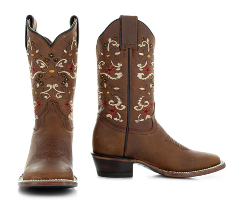 Soto Boots Tan Embroidered Floral Square Toe Cowgirl Boots M4006 - Soto Boots