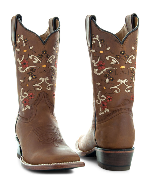 Soto Boots Tan Embroidered Floral Square Toe Cowgirl Boots M4006 - Soto Boots