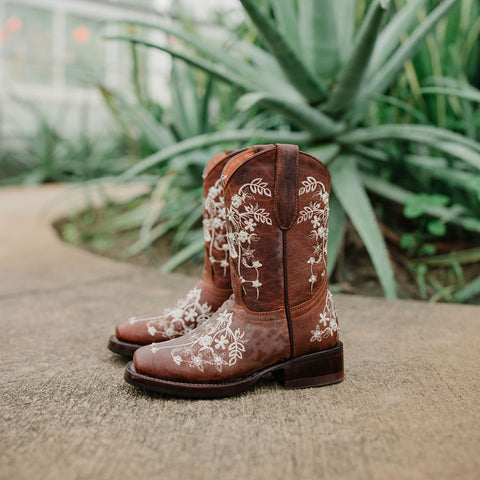 Soto Boots K3010 Girls Brown Embroidered Square Toe Cowboy Boots - Soto Boots