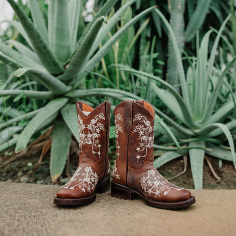 Soto Boots K3010 Girls Brown Embroidered Square Toe Cowboy Boots - Soto Boots