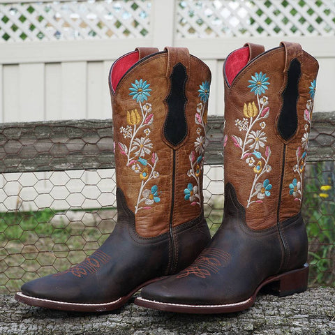 Vaquera Cowgirl Boots | Women's Broad Square Toe Floral Cowgirl Boots (M9004) - Soto Boots