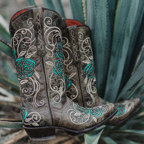 Turquoise Rose Inlayed Women's Cowgirl Boots (M50032) - Soto Boots