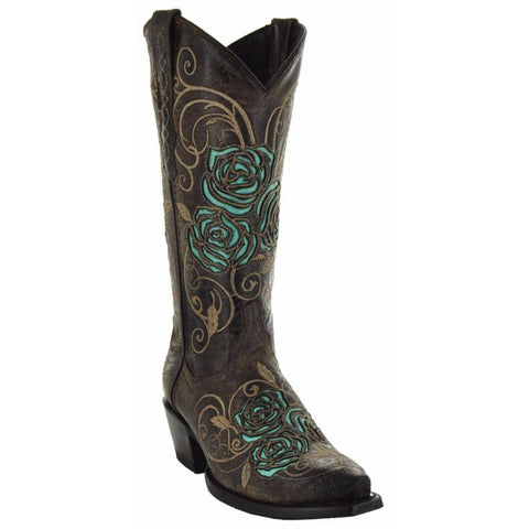 Turquoise Rose Inlayed Women's Cowgirl Boots (M50032) - Soto Boots