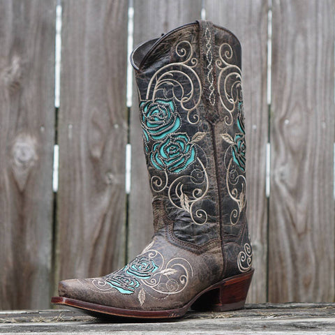 Turquoise Rose Inlayed Women's Cowgirl Boots (M50032) - Soto Boots