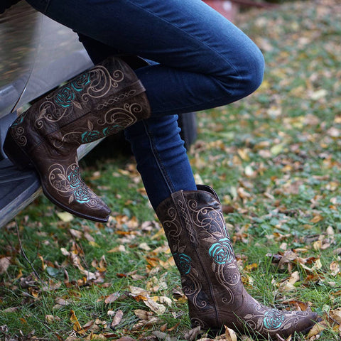 Turquoise Rose Inlayed Women's Cowgirl Boots (M50032) - Soto Boots