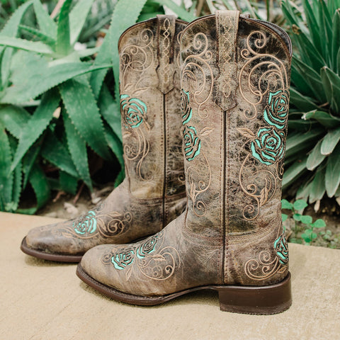 Soto Boots Square Toe Turquoise Rose Country Cowgirl Boots M50032 - Soto Boots