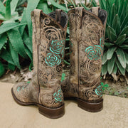 Soto Boots Square Toe Turquoise Rose Country Cowgirl Boots M50032 - Soto Boots