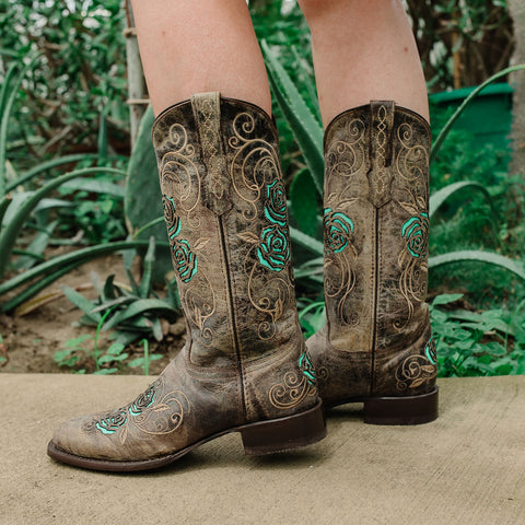 Soto Boots Square Toe Turquoise Rose Country Cowgirl Boots M50032 - Soto Boots