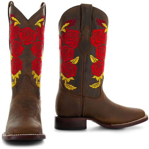 Soto Boots Women's Rose Embroidery Square Toe Cowgirl Boots M9006