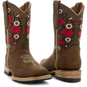 Soto Boots K3009 Girls Red Rose Square Toe Cowboy Boots