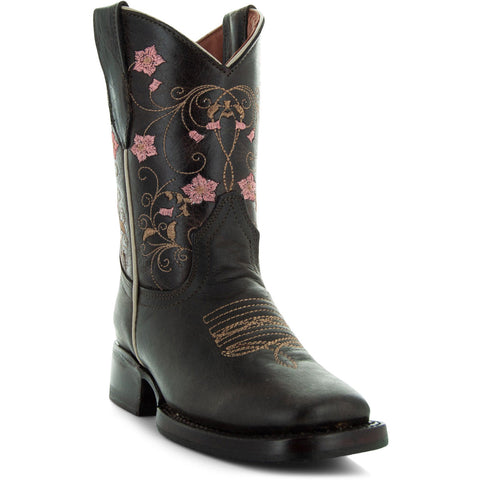 Soto Boots K3008 Girls Brown Floral Square Toe Cowboy Boots 