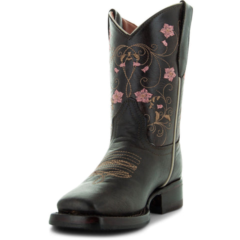 Soto Boots K3008 Girls Brown Floral Square Toe Cowboy Boots 