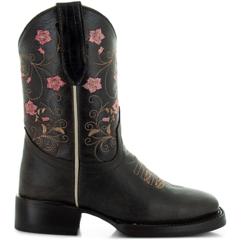 Soto Boots K3008 Girls Brown Floral Square Toe Cowboy Boots 