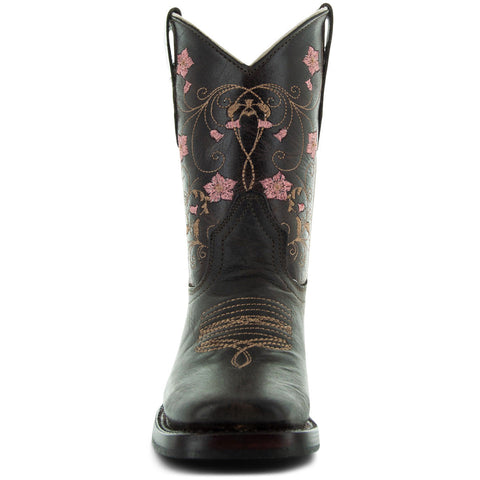 Soto Boots K3008 Girls Brown Floral Square Toe Cowboy Boots 