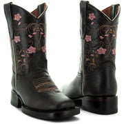 Soto Boots K3008 Girls Brown Floral Square Toe Cowboy Boots 