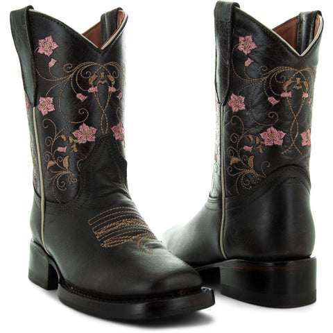 Soto Boots K3008 Girls Brown Floral Square Toe Cowboy Boots 