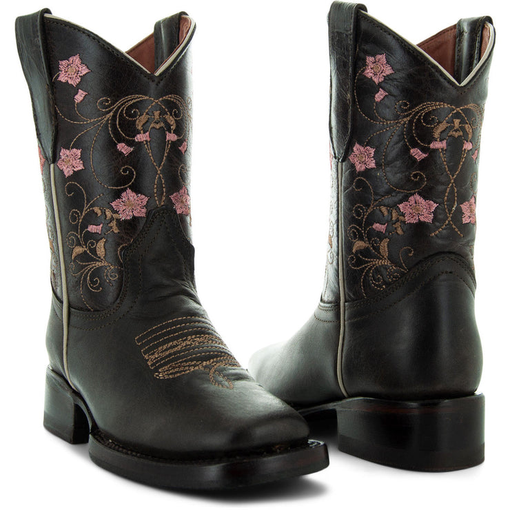 Soto Boots K3008 Girls Brown Floral Square Toe Cowboy Boots 