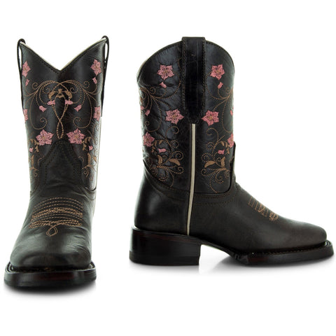 Soto Boots K3008 Girls Brown Floral Square Toe Cowboy Boots 