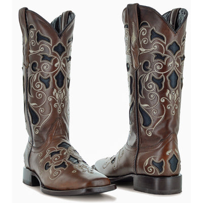 Soto Boots Women's Studded Flower Square Toe Cowboy Boots - Genuine Leather, 11" Shaft, 1.5" Heel, Brown (M50053)