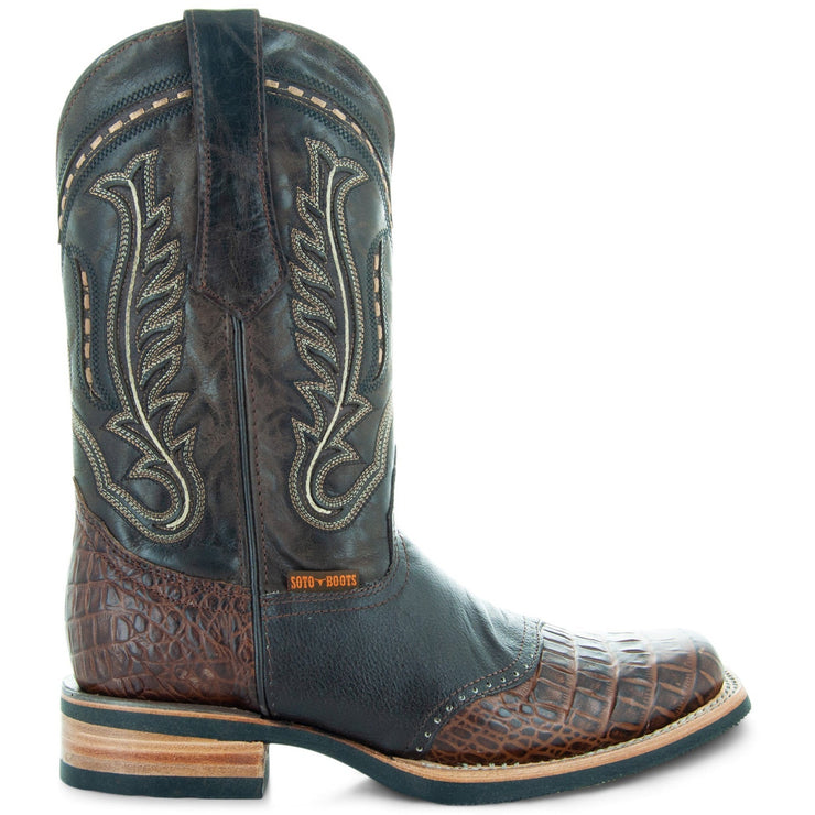 Soto Roper Boots Soto Boots Men's Saddle Vamp Gator Belly Print Brown Cowboy Boots H500