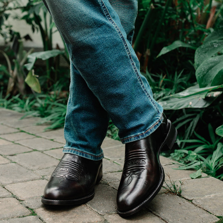 Round Toe Black Leather Dress Boots Mens Men Black Solid Leather