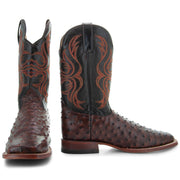 Soto Boots Men's Ostrich Print Square Toe Cowboy Boots H8001-Brown