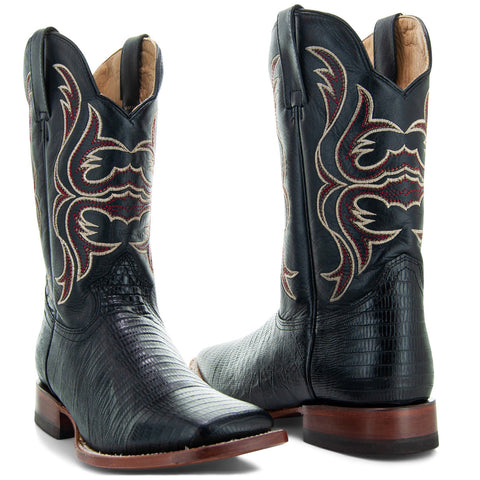 Soto Boots Men's Lizard Print Square Toe Cowboy Boots H8002 Black