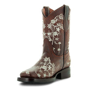 Soto Boots K3010 Girls Brown Embroidered Square Toe Cowboy Boots