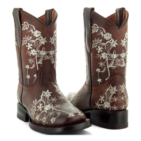 Soto Boots K3010 Girls Brown Embroidered Square Toe Cowboy Boots