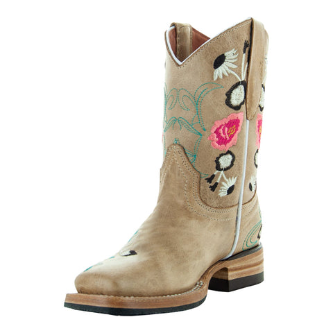 Soto Boots K3011 Girls Sand Floral Embroidered Square Toe Cowboy Boots