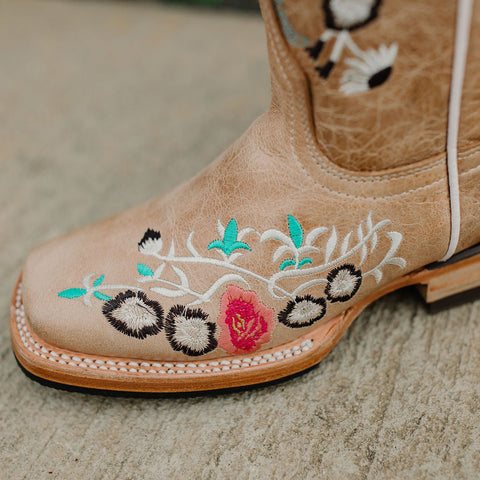 Soto Boots K3011 Girls Sand Floral Embroidered Square Toe Cowboy Boots - Soto Boots