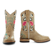 Soto Boots K3011 Girls Sand Floral Embroidered Square Toe Cowboy Boots