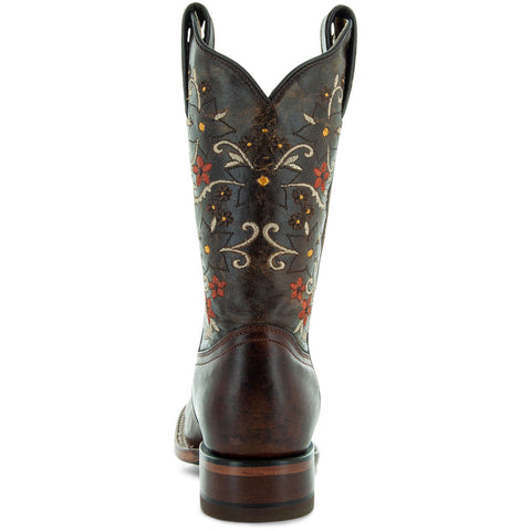 Soto Boots Brown Embroidered Floral Square Toe Cowgirl Boots M4006