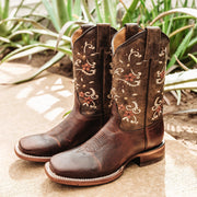 Soto Boots Brown Embroidered Floral Square Toe Cowgirl Boots M4006