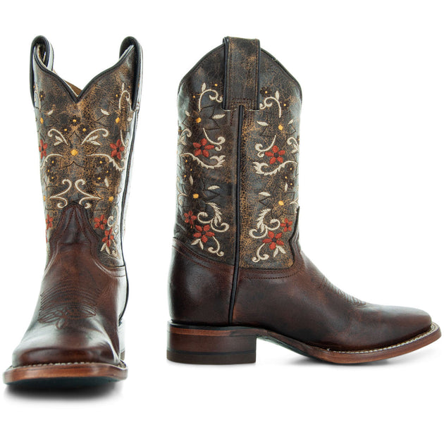 Soto Roper Boots Soto Boots Brown Embroidered Floral Square Toe Cowgirl Boots M4006