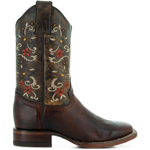 Soto Boots Brown Embroidered Floral Square Toe Cowgirl Boots M4006