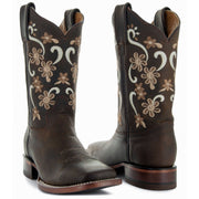 Soto Boots Womens Flower Embroidery Square Toe Boots M4007 