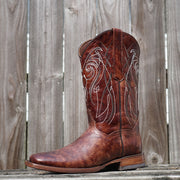 Soto Boots Broad Square Toe Brown Cowgirl Boot with White Embroidery and Leather Sole