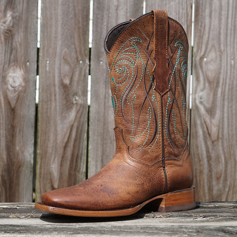 Soto Boots Broad Square Toe Tan Cowgirl Boot with Turquoise Embroidery and Leather Sole
