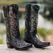 Soto Boots Womens Floral Embroidered Inlay Cowgirl Boots M50049 Black - Soto Boots