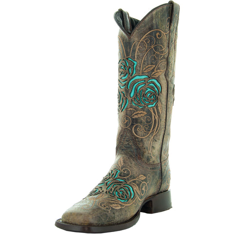 Soto Boots Square Toe Turquoise Rose Country Cowgirl Boots M50032
