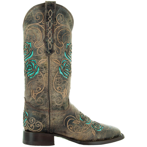 Soto Boots Square Toe Turquoise Rose Country Cowgirl Boots M50032