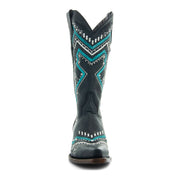 Soto Boots Womens Black and Turquoise Embroidery Snip Toe Cowgirl Boots M50063