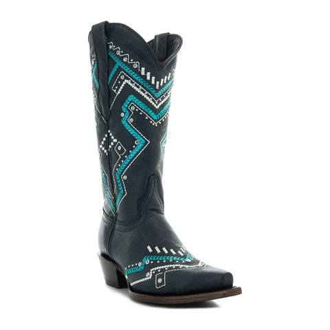 Soto Boots Womens Black and Turquoise Embroidery Snip Toe Cowgirl Boots M50063